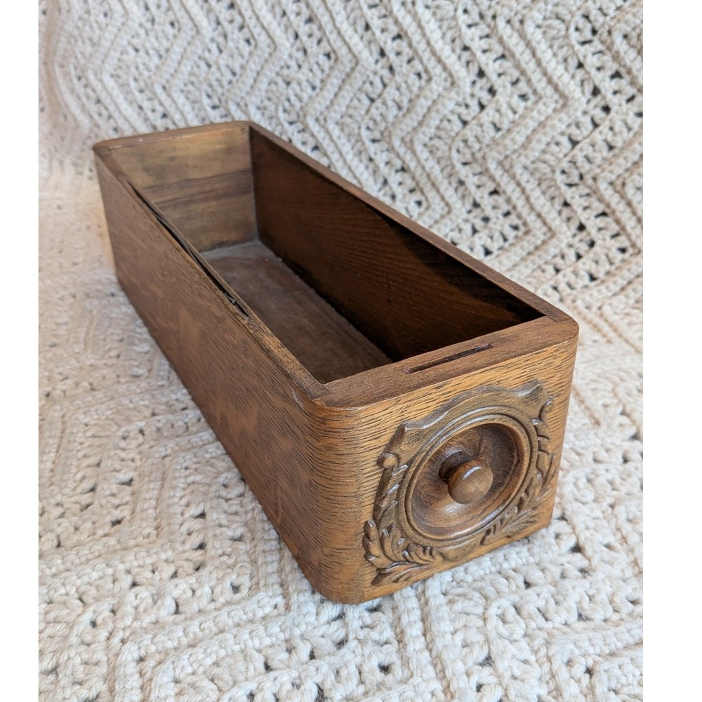 Vintage Carved Wood Card Catalog Drawer Ornate Floral Medallion Storage Box Oak